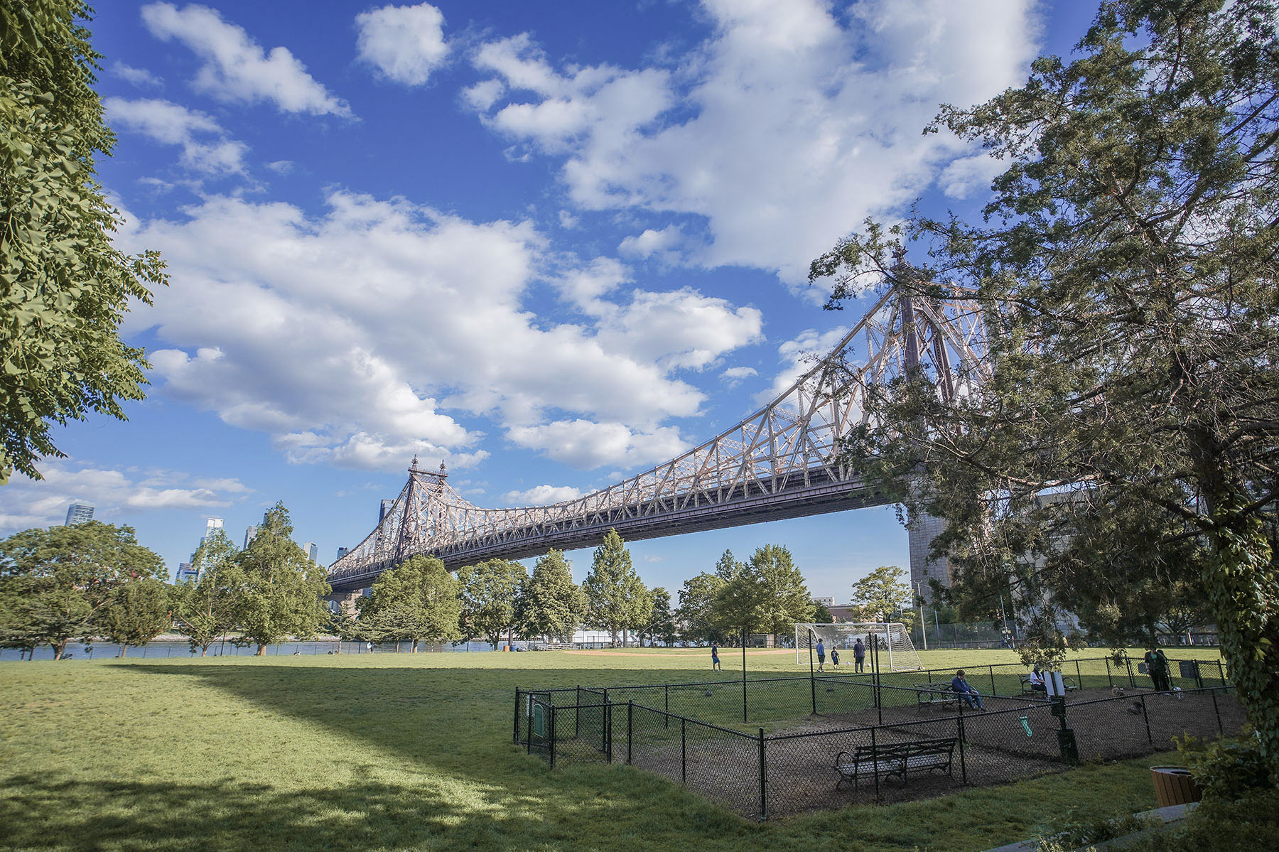 Queensboro Bridge crossing above a green park beneath a bright blue sky